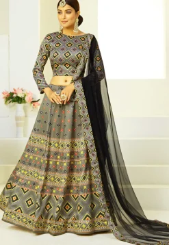 Bandhej Printed Art Silk Lehenga in Grey