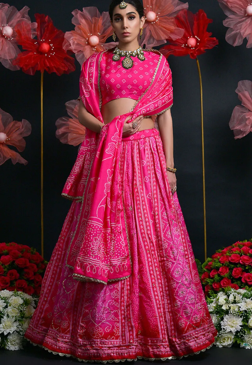 Bandhej Printed Art Silk Lehenga in Fuchsia