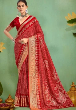 Bandhej Printed Art Silk Saree in Red