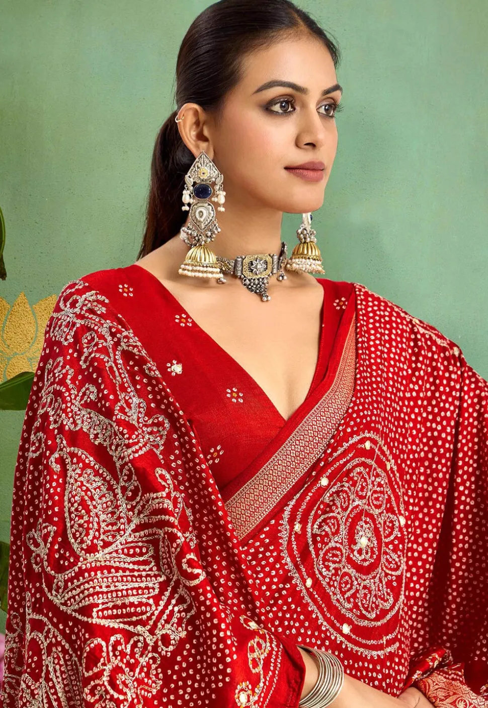 Bandhej Printed Art Silk Saree in Red