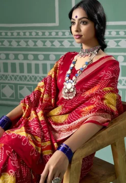Bandhej Printed Art Silk Saree in Red