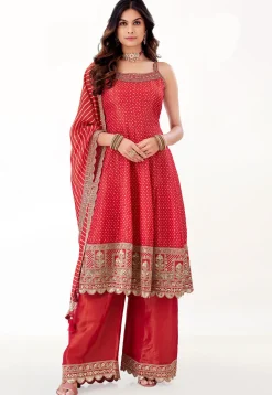 Bandhej Printed Art Silk Pakistani Suit in Red