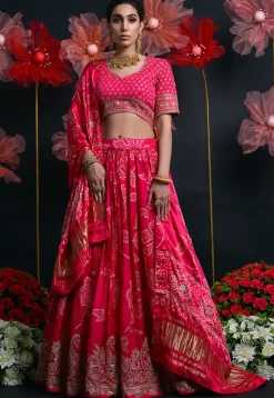 Bandhej Printed Art Silk Lehenga in Fuchsia