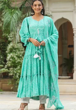 Bandhej Printed Art Silk Aline Suit in Turquoise