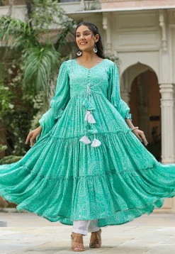 Bandhej Printed Art Silk Aline Suit in Turquoise