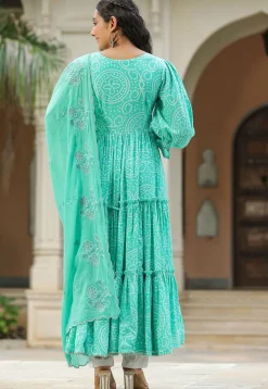 Bandhej Printed Art Silk Aline Suit in Turquoise