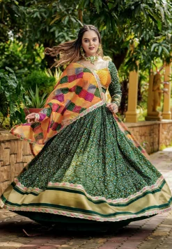 Bandhej Printed Art Silk Lehenga in Dark Green