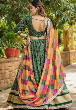 Bandhej Printed Art Silk Lehenga in Dark Green