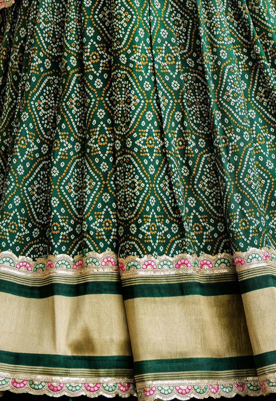 Bandhej Printed Art Silk Lehenga in Dark Green