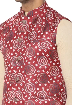Bandhej Printed Art Silk Nehru Jacket in Maroon