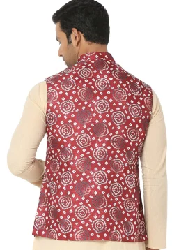 Bandhej Printed Art Silk Nehru Jacket in Maroon