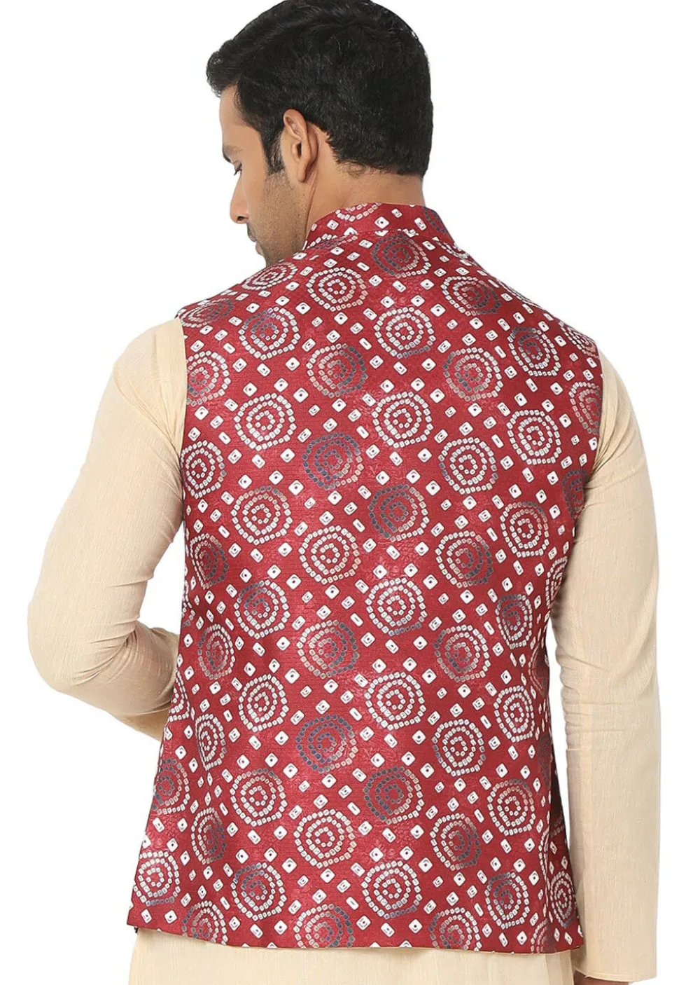 Bandhej Printed Art Silk Nehru Jacket in Maroon