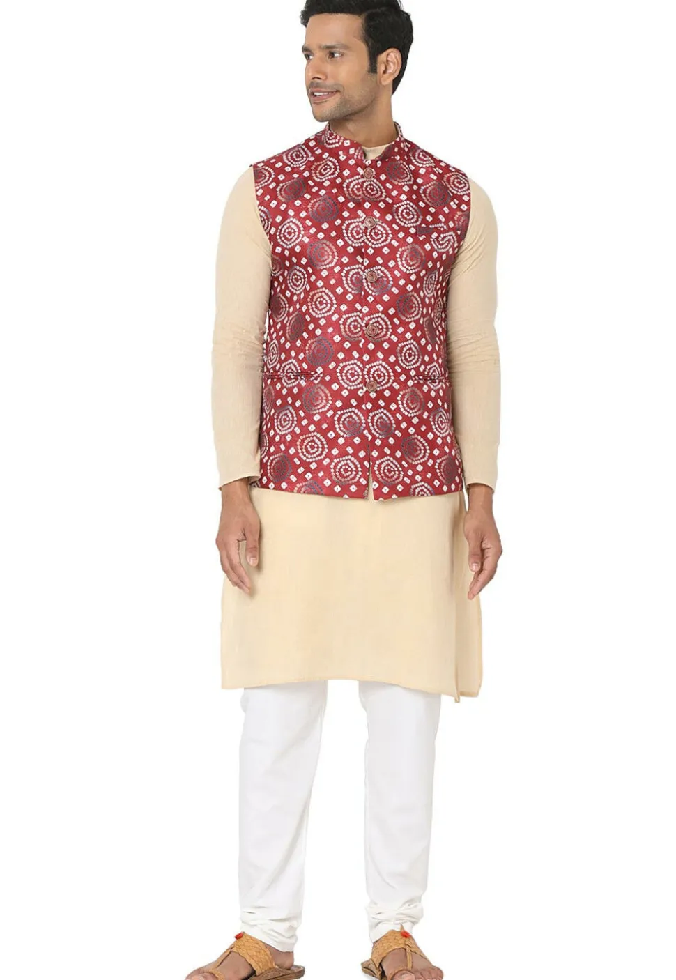 Bandhej Printed Art Silk Nehru Jacket in Maroon