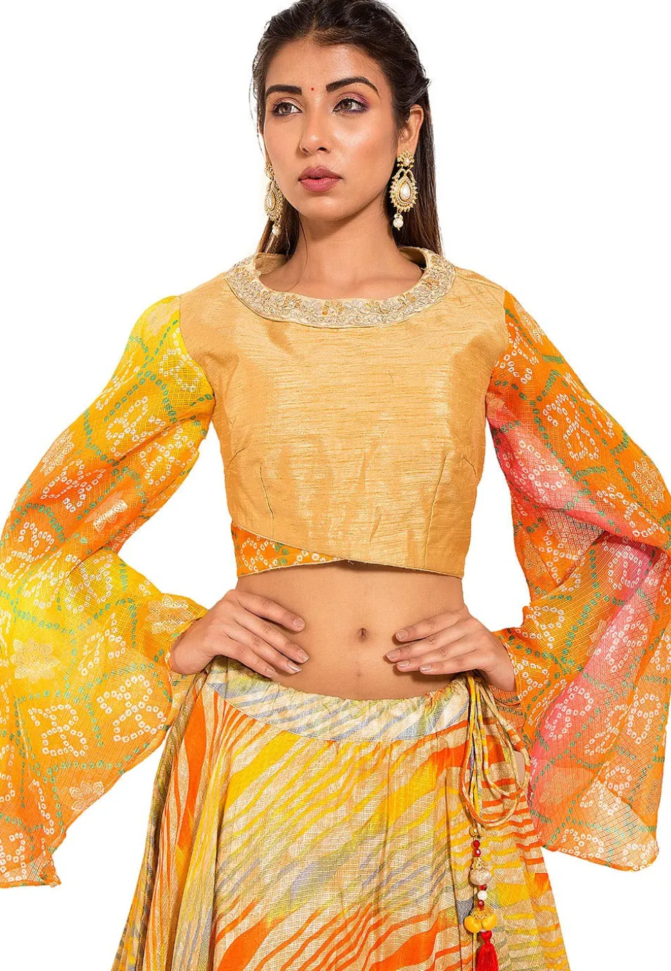 Bandhej Printed Bhagalpuri Silk Blouse in Beige and Orange