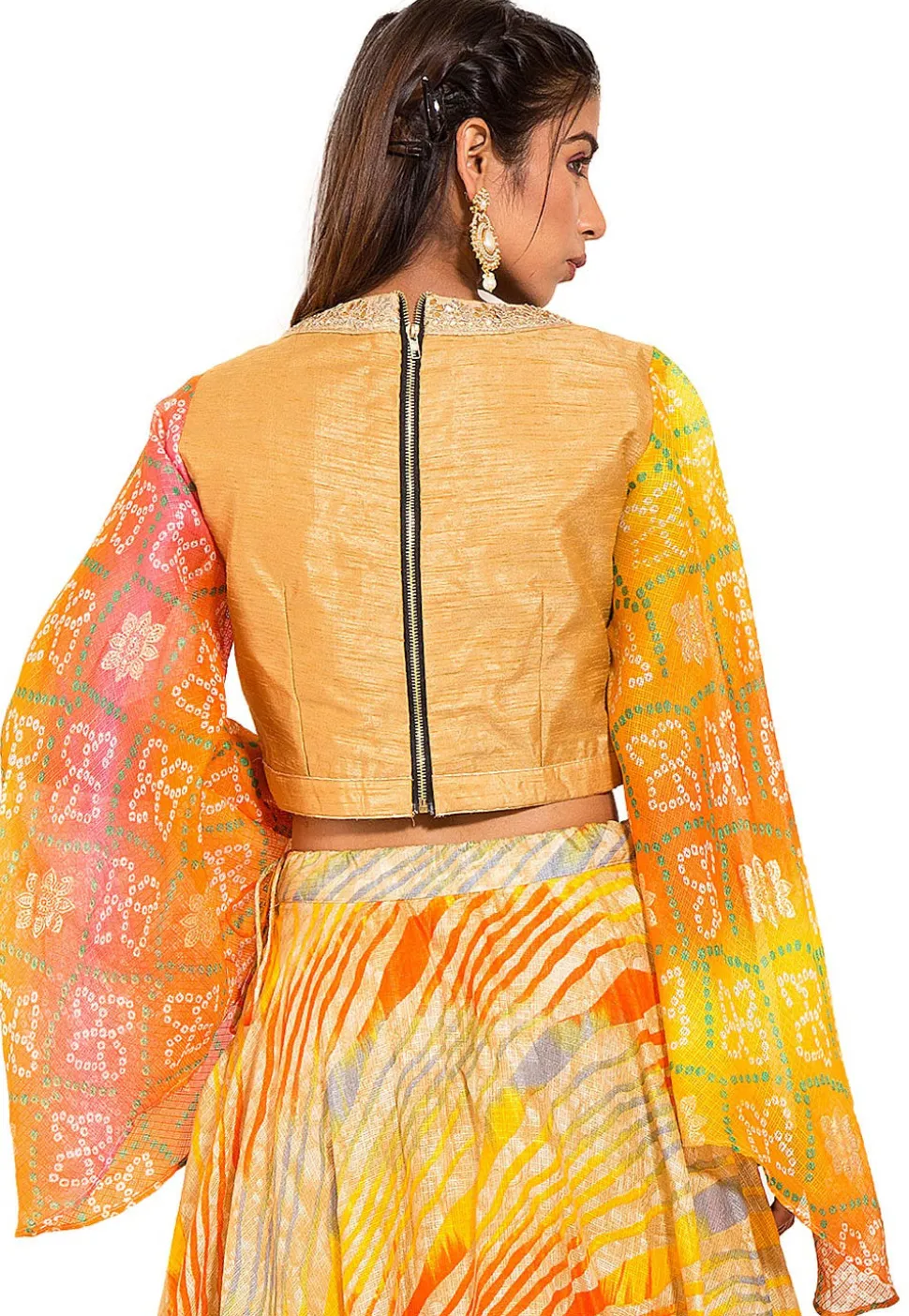 Bandhej Printed Bhagalpuri Silk Blouse in Beige and Orange