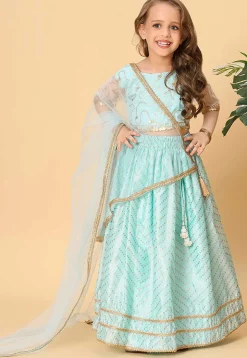 Bandhej Printed Chanderi Silk Lehenga in Light Blue