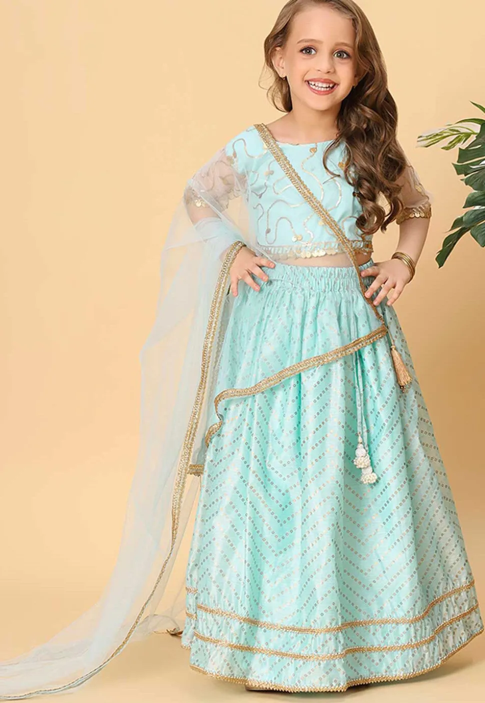 Bandhej Printed Chanderi Silk Lehenga in Light Blue