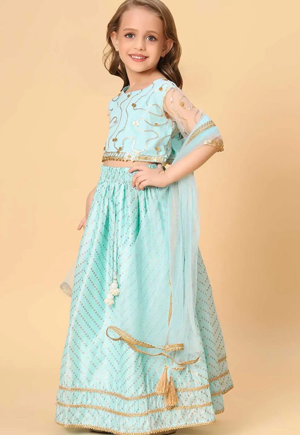 Bandhej Printed Chanderi Silk Lehenga in Light Blue