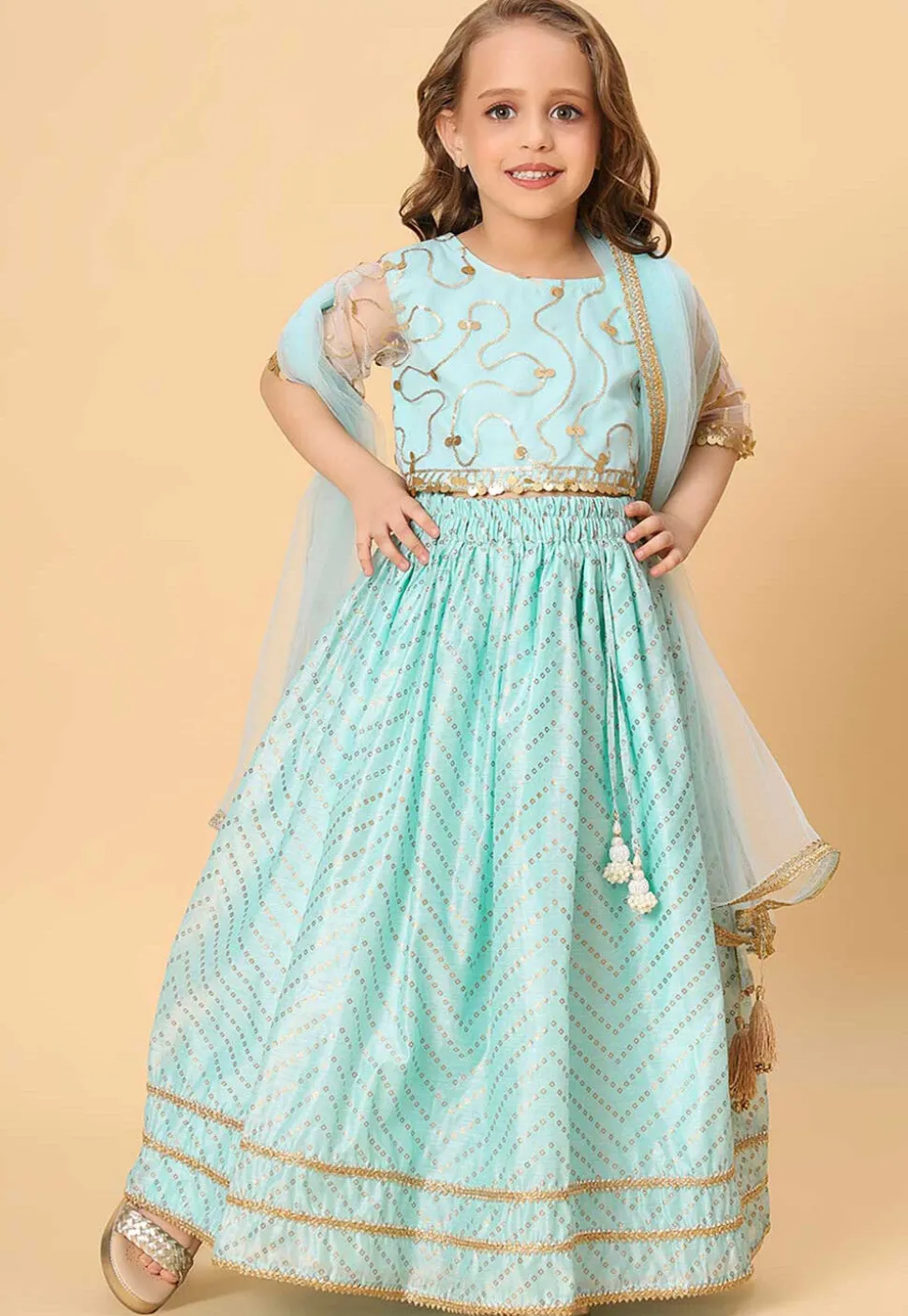 Bandhej Printed Chanderi Silk Lehenga in Light Blue