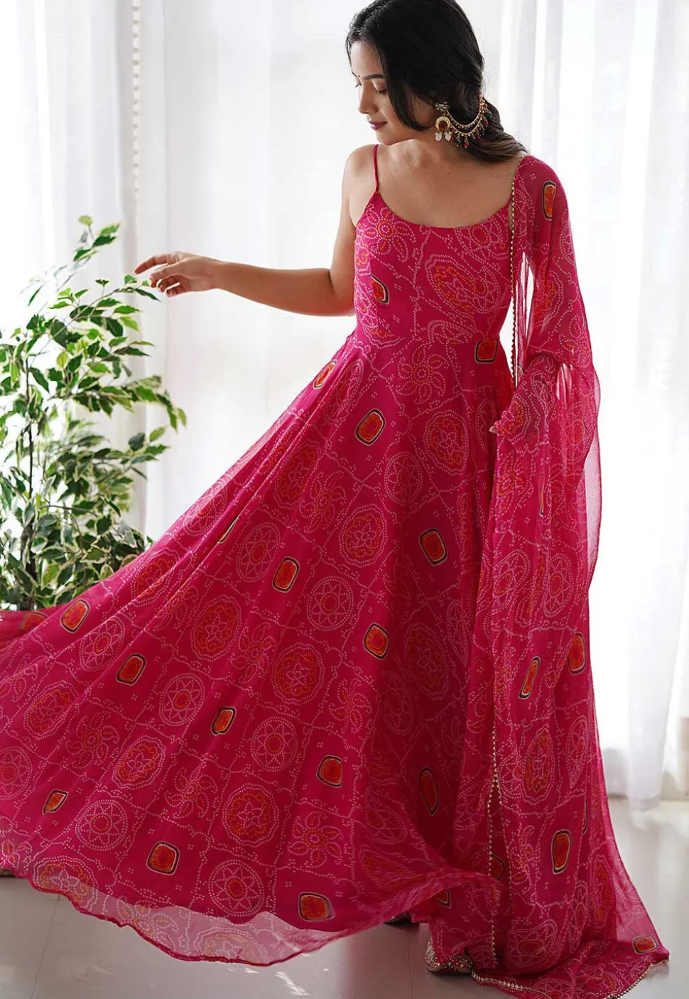 Bandhej Printed Chiffon Abaya Style Suit in Pink