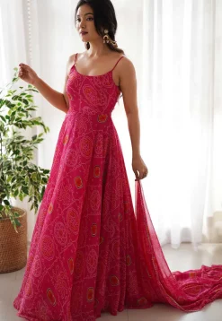 Bandhej Printed Chiffon Abaya Style Suit in Pink