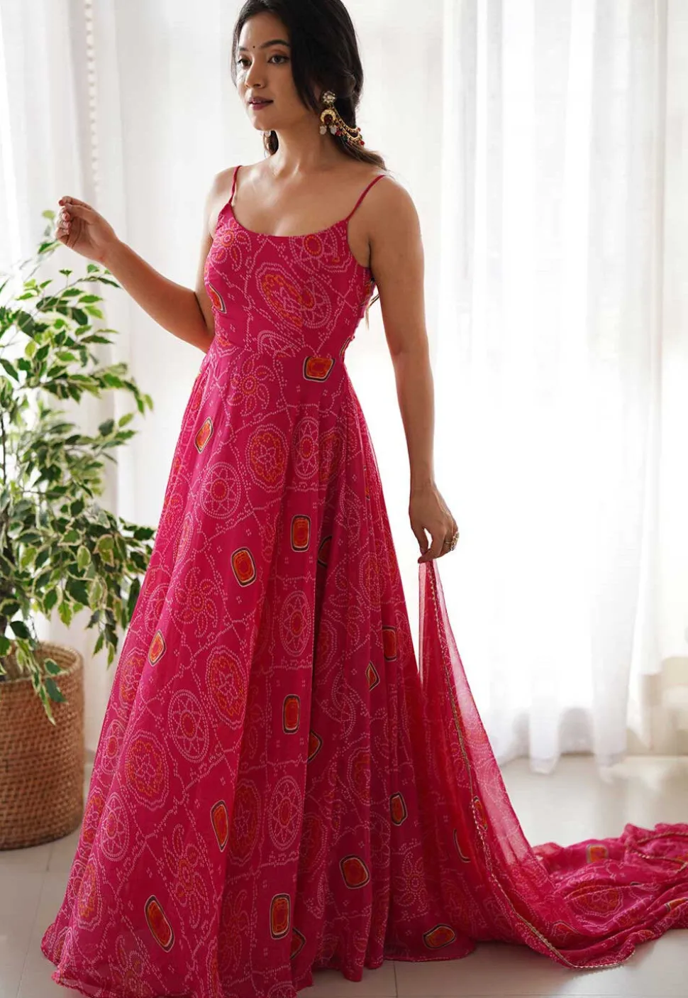 Bandhej Printed Chiffon Abaya Style Suit in Pink