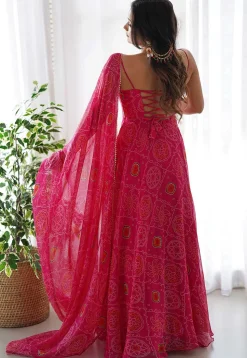 Bandhej Printed Chiffon Abaya Style Suit in Pink