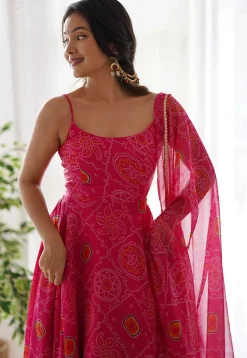 Bandhej Printed Chiffon Abaya Style Suit in Pink