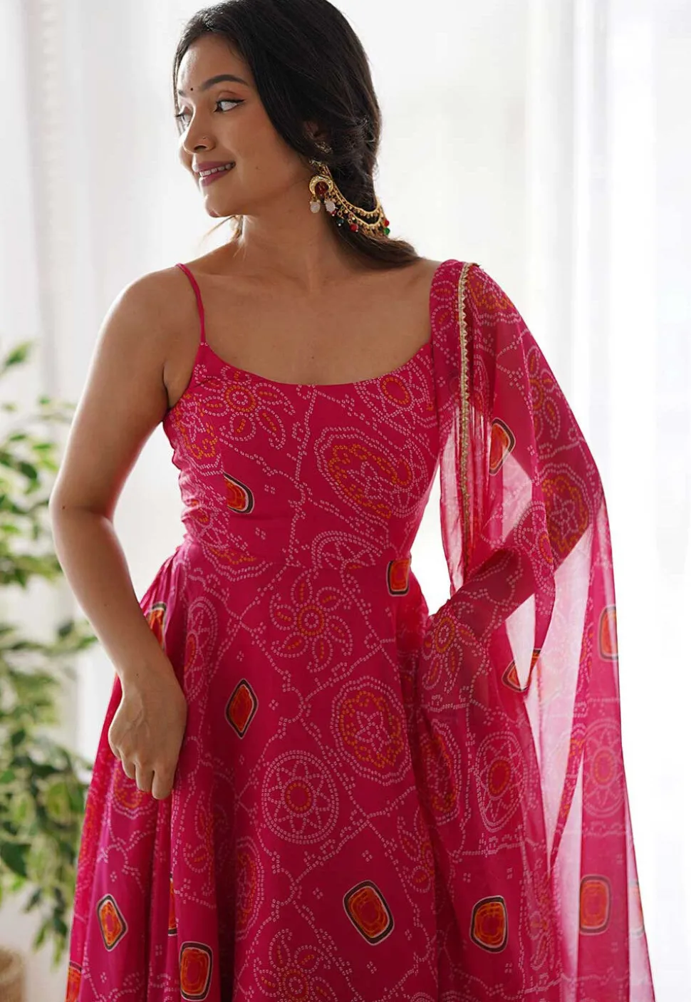 Bandhej Printed Chiffon Abaya Style Suit in Pink