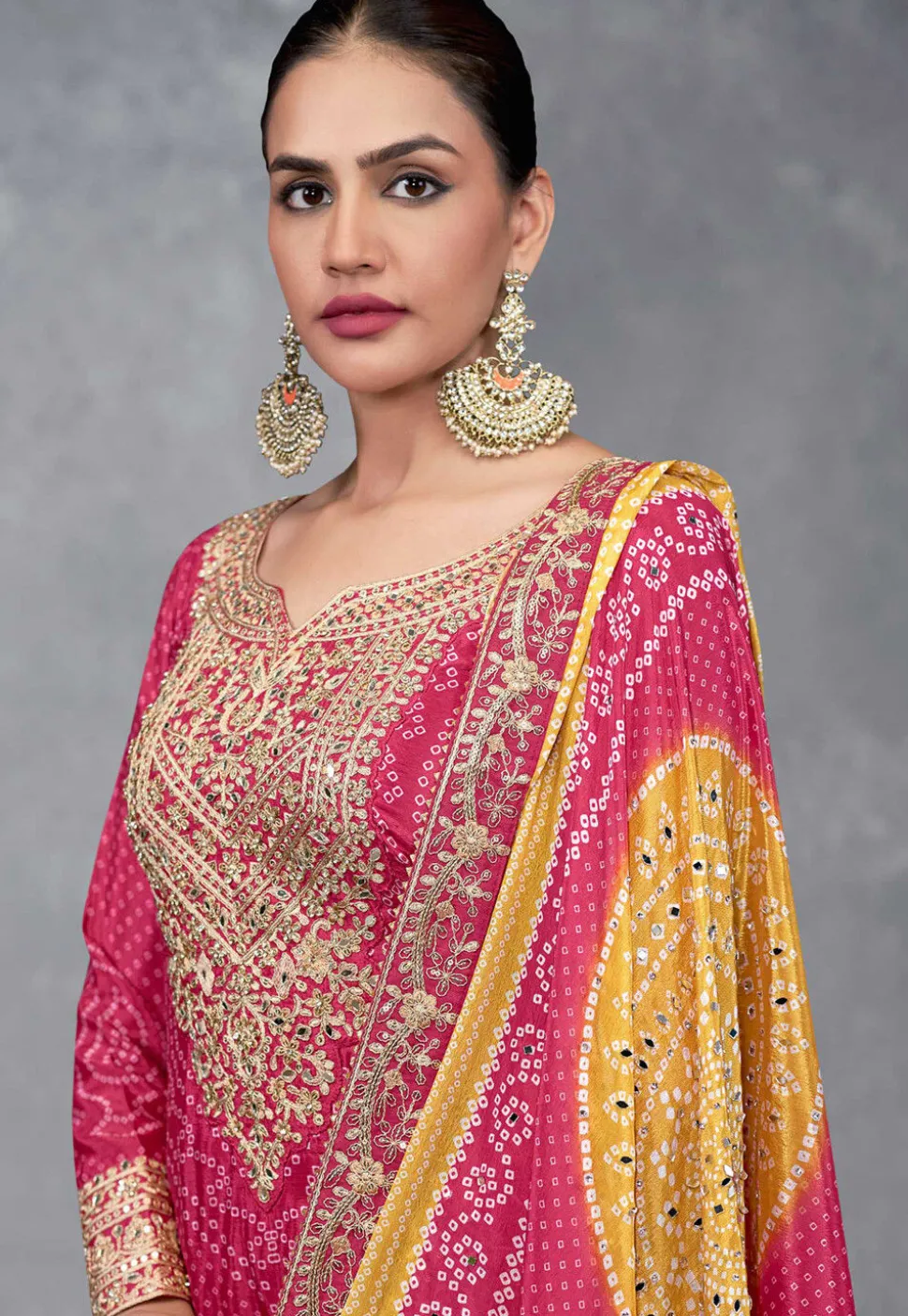 Bandhej Printed Chinon Chiffon Pakistani Suit in Pink