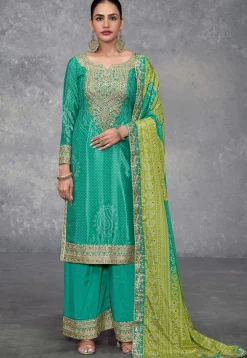 Bandhej Printed Chinon Chiffon Pakistani Suit in Teal Green