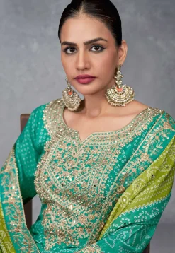 Bandhej Printed Chinon Chiffon Pakistani Suit in Teal Green