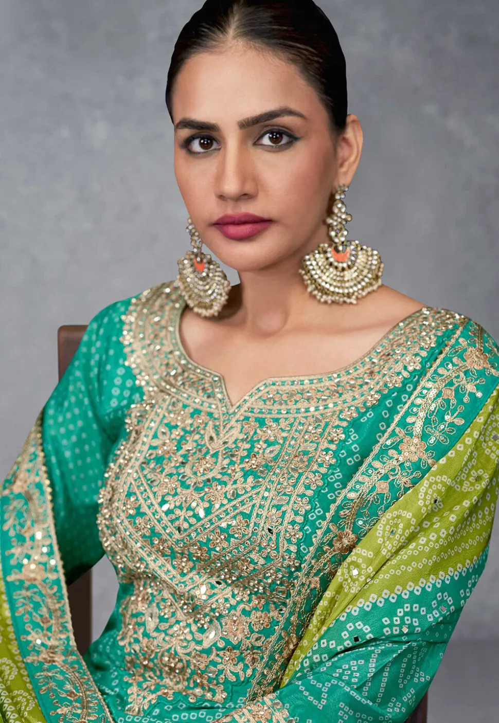 Bandhej Printed Chinon Chiffon Pakistani Suit in Teal Green