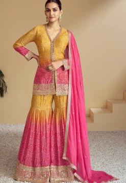 Bandhej Printed Chinon Chiffon Pakistani Suit in Shaded Mustard and Pink