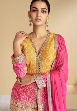 Bandhej Printed Chinon Chiffon Pakistani Suit in Shaded Mustard and Pink