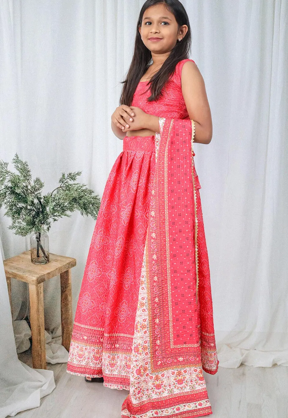 Bandhej Printed Chinon Chiffon Lehenga in Coral Pink