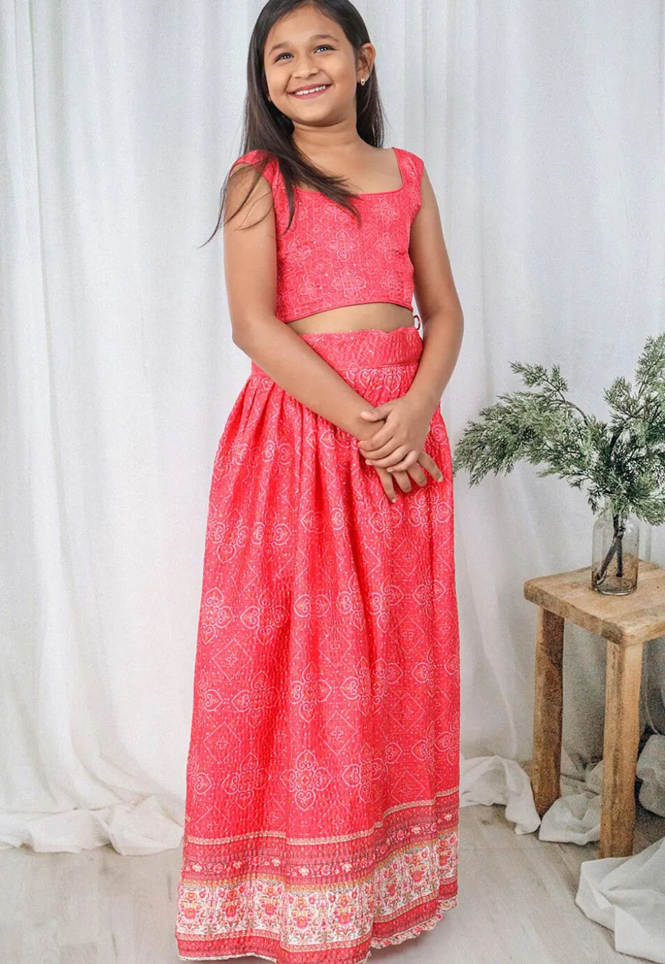Bandhej Printed Chinon Chiffon Lehenga in Coral Pink