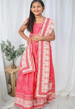 Bandhej Printed Chinon Chiffon Lehenga in Coral Pink