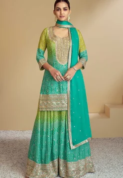 Bandhej Printed Chinon Chiffon Pakistani Suit in Shaded Light Green and Teal Green
