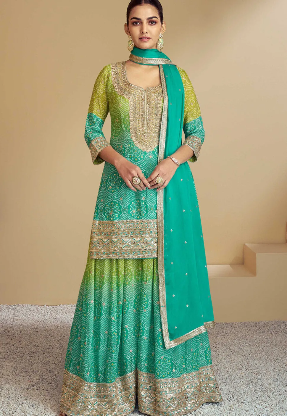 Bandhej Printed Chinon Chiffon Pakistani Suit in Shaded Light Green and Teal Green