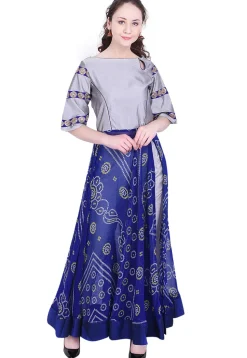 Bandhej Printed Chinon Crepe Abaya Style Kurta in Blue and Grey