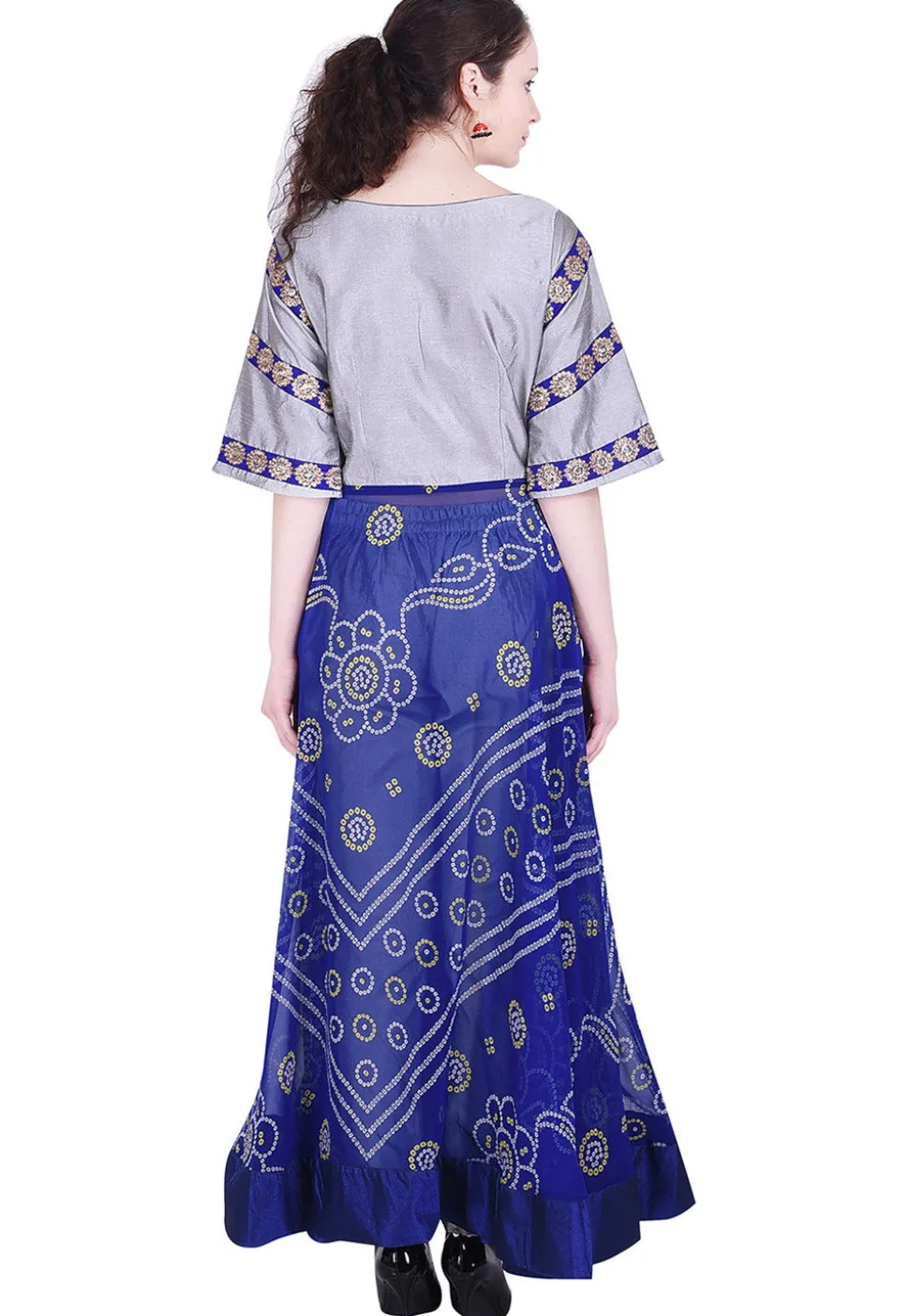 Bandhej Printed Chinon Crepe Abaya Style Kurta in Blue and Grey