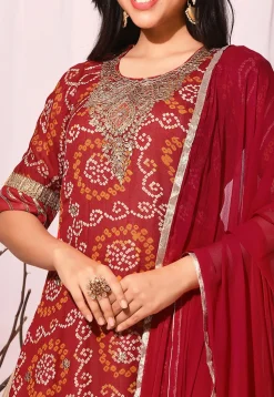 Bandhej Printed Chinon Crepe Abaya Style Suit in Red and Beige