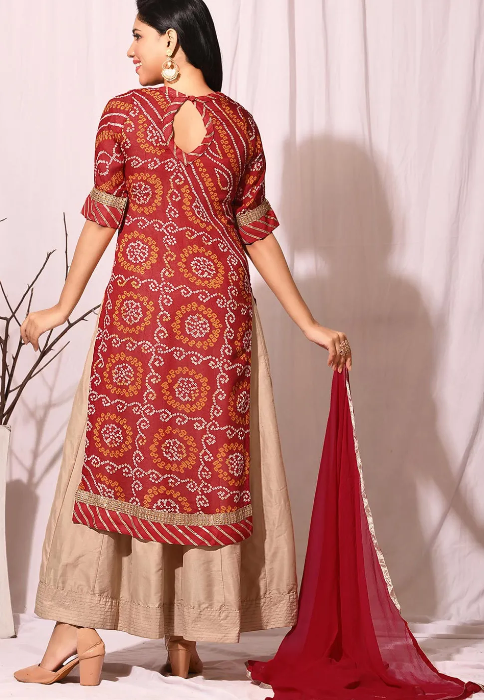 Bandhej Printed Chinon Crepe Abaya Style Suit in Red and Beige
