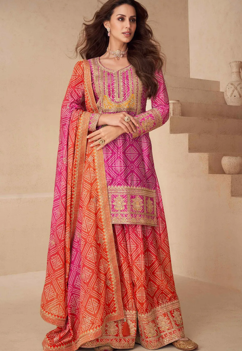 Bandhej Printed Chinon Silk Pakistani Suit in Pink