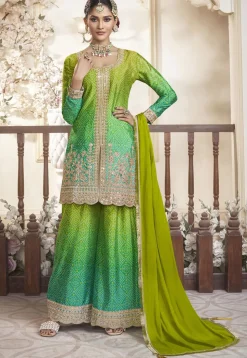 Bandhej Printed Chinon Silk Pakistani Suit in Green Ombre