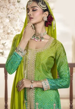 Bandhej Printed Chinon Silk Pakistani Suit in Green Ombre