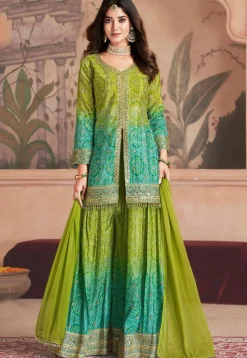 Bandhej Printed Chinon Silk Pakistani Suit in Light Green and Teal green