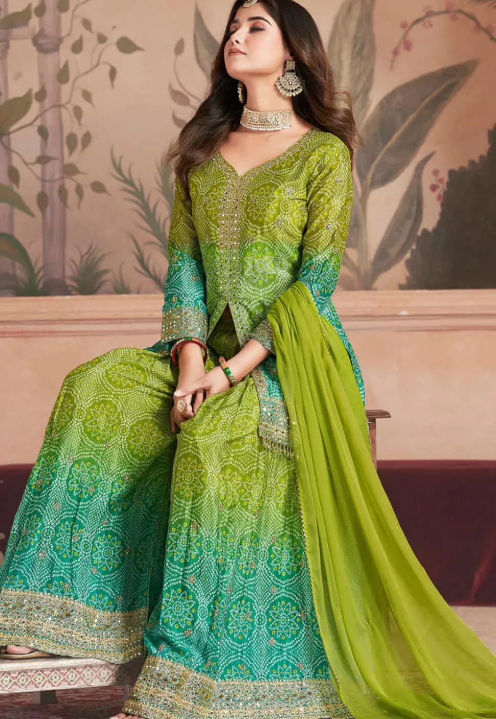 Bandhej Printed Chinon Silk Pakistani Suit in Light Green and Teal green