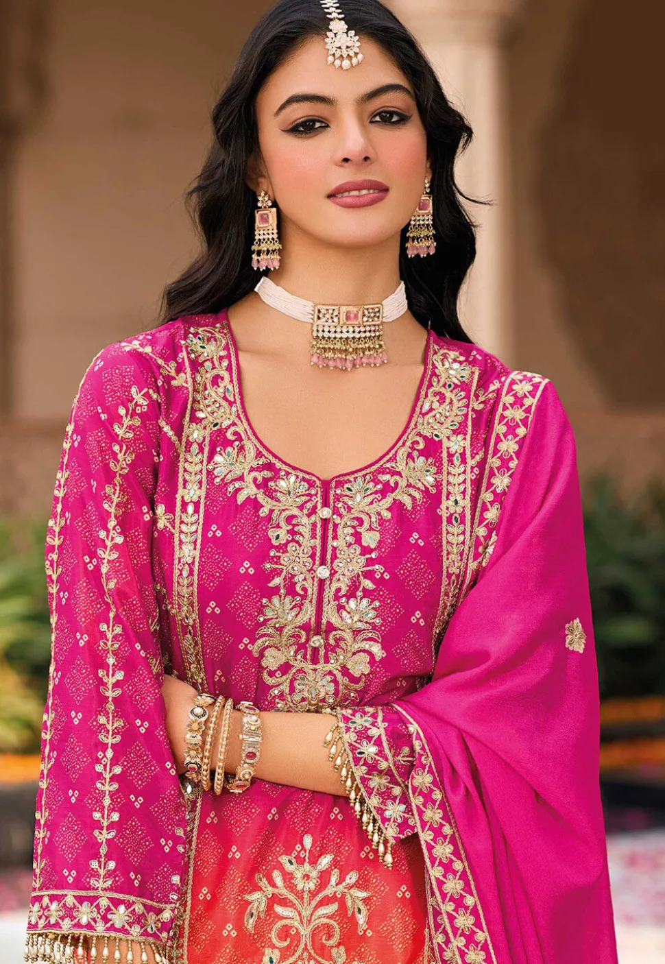 Bandhej Printed Chinon Silk Pakistani Suit in Fuchsia and Orange